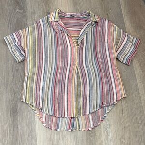 Pilcro Pastel Multi-Striped Short Sleeve Button-Up Blouse